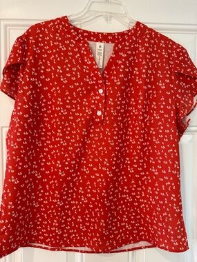 Women's Red Printed Short-Sleeve Peasant Blouse